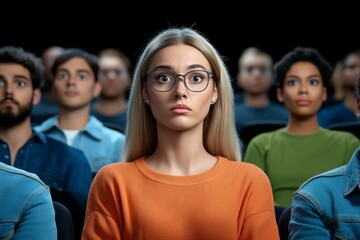 Poster - A highly detailed 3D rendering of an audience in a modern auditorium, with realistic lighting and dynamic facial expressions