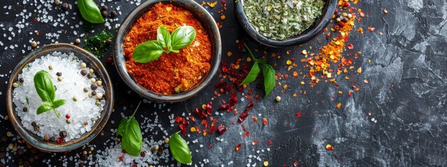 Canvas Print - Bowls of spices and herbs on dark textured background