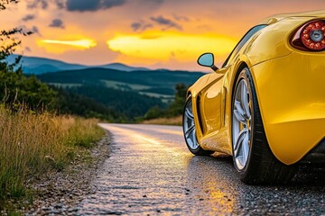 Poster - A sleek sports car driving along a scenic mountain road at sunset, with light reflecting off its polished surface