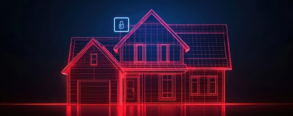 Poster - A futuristic digital rendering of a house, depicted in red wireframe against a dark background, emphasizing modern architecture and technology.