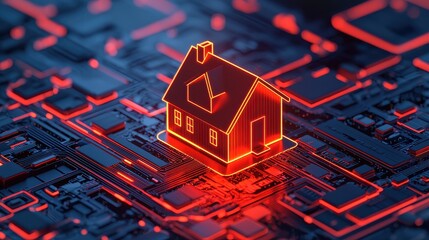 Poster - A glowing house icon sits atop a digital circuit board, symbolizing the integration of technology and smart home systems.