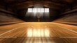 © Tatyana - empty indoor basketball court wooden floor bleachers large windows backboard sports arena championship event