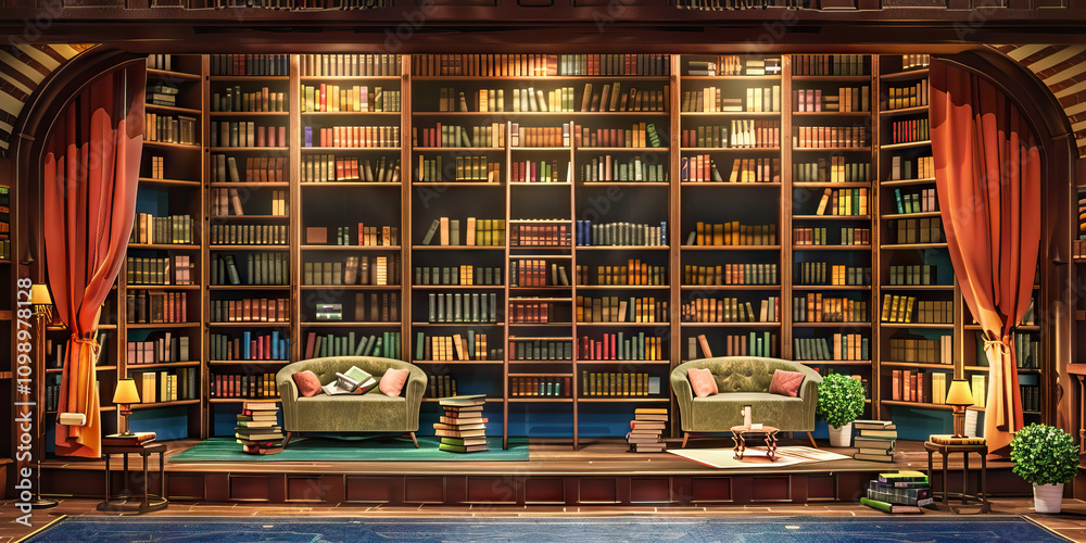 Library Talk Show Stage: A stage designed like a library, with ...