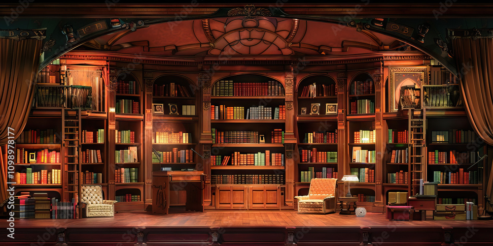Library Talk Show Stage: A stage designed like a library, with ...