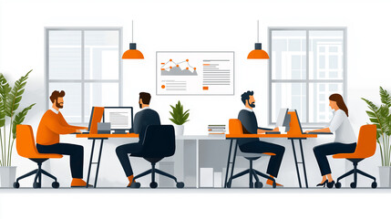 Poster - busy office environment with workers at desks collaborating