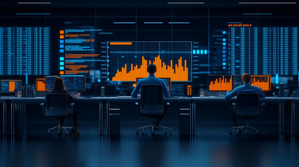 Fototapete - busy office environment with workers analyzing data on screens