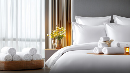 Poster - Luxurious hotel room with comfortable bed and fresh towels