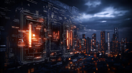Poster - smart city technology with digital interfaces and urban skyline