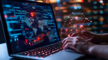 Aufkleber - Cybersecurity expert analyzing data on laptop with digital network