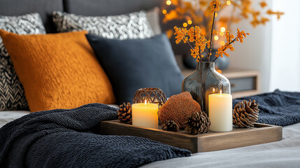 Poster - Cozy bedroom decor with candles, pillows, and autumn flowers