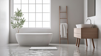 Poster - flooded bathroom with water covering floor and modern decor