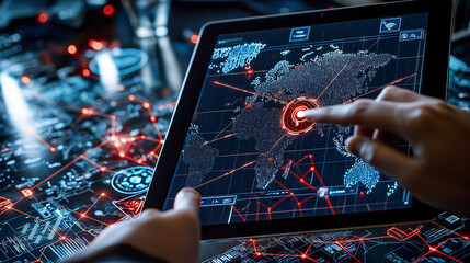 Poster - Person analyzing cybersecurity threat intelligence on tablet screen