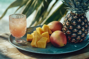 Wall Mural - Tropical fruits like pineapple, papaya, and mango on a beachside table with a refreshing drink.