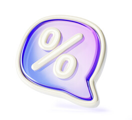Poster - 3d glass holographic speech bubble in white frame with percent sign render. Chat icon with discount notification, sale message box, text dialog label, square cloud special offer price. 3D illustration