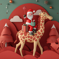 Santa rides a giraffe and bring a gift paper 3D Christmas theme background.