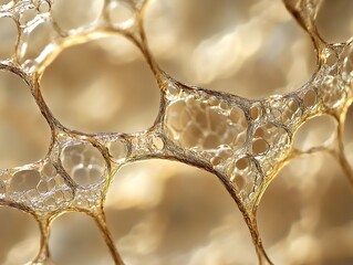 Poster - Close-up of a delicate, translucent, network-like structure with interconnected holes and a beige-gold hue.