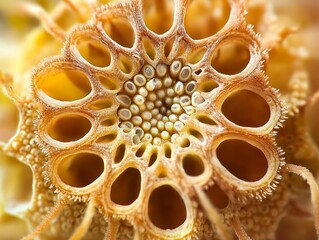Poster - Close-up of a dried flower's seed head, revealing intricate spiral pattern and texture.