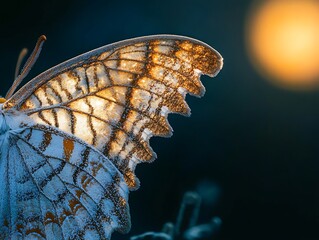 Poster - Close-up of a frost-covered butterfly wing at sunset.