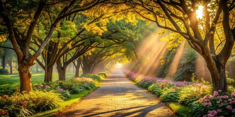  Serene Pathway Through a Sunlit Garden with Blooming Flowers and Majestic Trees