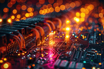 Poster - close-up of part of a computer motherboard, with emphasis on electrical circuits and connected wires.  