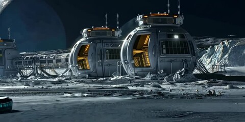 Wall Mural - lunar colony prototype with airlocks and domes, 4k video