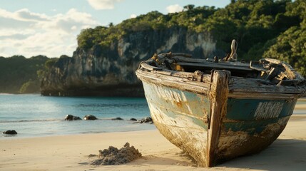 Naklejka na meble A weathered boat rests on a sandy beach with lush greenery and cliffs in the background.