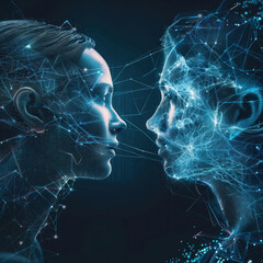 Poster - two human faces looking at each other, done in digital art style.  