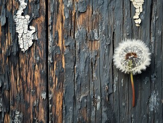 Poster - Dandelion seed head on weathered wood background.