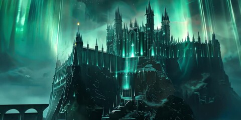 Wall Mural - sorcerer's citadel veiled in shimmering auroras, 4k video