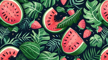 Canvas Print - A seamless pattern of watermelon slices and strawberries on a dark background.