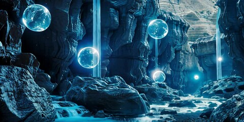 Wall Mural - enigmatic alien canyon with luminescent rocks and strange, hovering orbs of light, 4k video