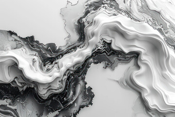 Poster - abstract painting made in black and white colors. The composition consists of smooth lines and curves, creating the effect of flowing shapes and waves. 