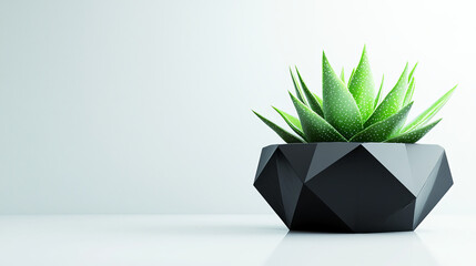 Wall Mural - Aloe vera plant with geometric black pot, showcasing vibrant green leaves. This modern design adds touch of elegance to any space, perfect for home or office decor