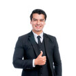 © suphaporn - Portrait working Asian business handsome man ware suit giving a thumb up hand isolated on a transparent png background - business concept