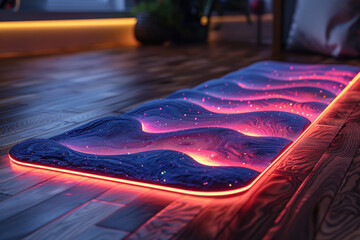 Poster - carpet with an unusual design in a modern interior. The carpet is made in blue with bright neon inserts that create the effect of glowing waves.  