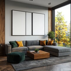 Poster - Transform your contemporary living room neutral sectional with industrial light concrete furniture framed wall art and soft textures for a cozy atmosphere
