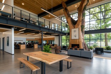 Poster - Transforming workspaces high-end office design featuring natural wood textures statement wall art suspended lighting and biophilic elements in an open floor plan environment