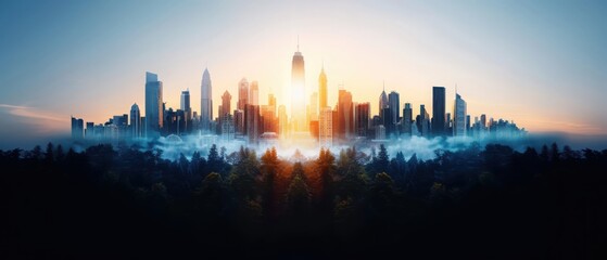 Poster - Captivating sunset skyline over urban landscape cityscape photography sunset colors minimalist design aerial view urban serenity
