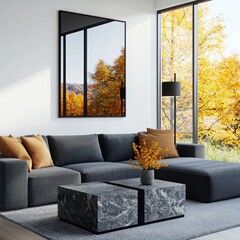Poster - Create a cozy minimalist home mockup featuring black picture frame linen upholstery architectural lamp and stone accent tables in a natural setting