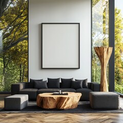 Poster - Create a minimalist space render wall frame mockup in a neutral seating area with wooden floor lamp and concrete furniture in an organic environment