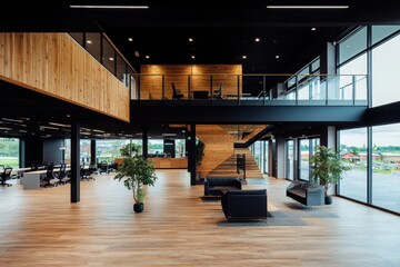 Poster - Transform your workspace modern business space with wood panel walls open plan seating and industrial ceiling design