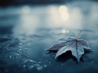 Poster - Frost-covered leaf on icy water.