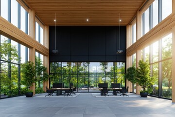 Poster - Enhancing workplace aesthetics professional office visualization with timber wall cladding dramatic black canvas task chairs floor lamps and verdant elements