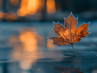 Poster - Frozen maple leaf on icy water, reflecting warm light.