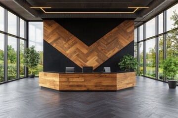 Poster - Enhancing workspaces professional office visualization featuring wooden wall elements and ergonomic furniture in a minimalist industrial setting