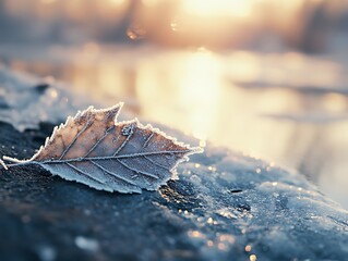 Poster - Frosty leaf on icy surface at sunrise.