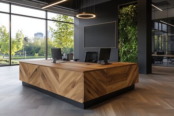 Poster - Creating a modern professional workspace wooden feature wall dark artwork and clusters of desks with hanging lights