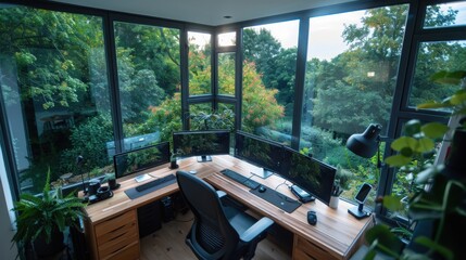 Poster - Creating an efficient remote work setup for digital nomads with floating screens in a serene home office environment