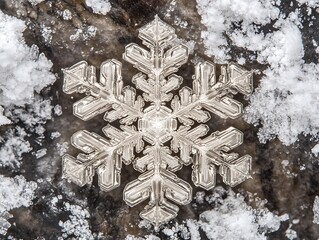 Poster - Intricate snowflake on dark background, surrounded by snow.