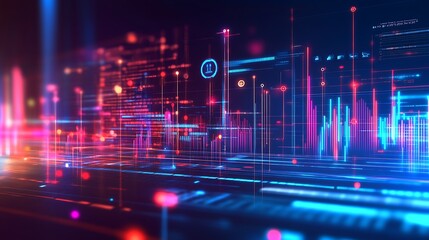 Poster - Abstract Digital Data Visualization with Neon Lines and Glowing Code